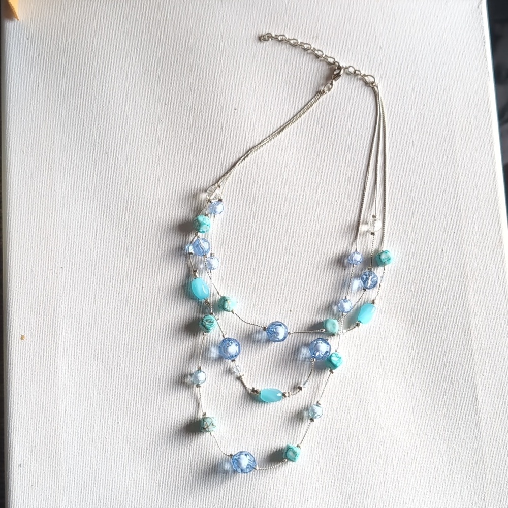 Boho Turquoise & Blue Beaded Triple Strand Necklace | Silver Tone